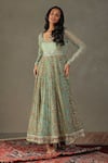 RI.Ritu Kumar_Green Anarkali Shell - 60% Silk Print Floral Scoop Neck Roshafi Embroidered Set _at_Aza_Fashions