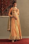 Buy_RI.Ritu Kumar_Orange Anarkali Shell -100% Silk Print Bandhani V Neck Two Tone Churidar Set _at_Aza_Fashions