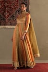 RI.Ritu Kumar_Orange Anarkali Shell -100% Silk Print Bandhani V Neck Two Tone Churidar Set _Online_at_Aza_Fashions