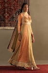 Buy_RI.Ritu Kumar_Orange Anarkali Shell -100% Silk Print Bandhani V Neck Two Tone Churidar Set _Online_at_Aza_Fashions