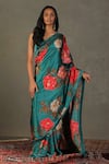 Buy_RI.Ritu Kumar_Blue Saree - 100% Silk Print Floral V Neck Bella With Blouse_at_Aza_Fashions