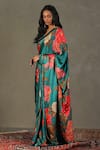 RI.Ritu Kumar_Blue Saree - 100% Silk Print Floral V Neck Bella With Blouse_Online_at_Aza_Fashions