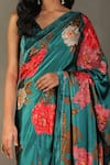 Shop_RI.Ritu Kumar_Blue Saree - 100% Silk Print Floral V Neck Bella With Blouse_Online_at_Aza_Fashions