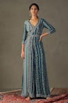 Buy_RI.Ritu Kumar_Blue Viscose Embellished Aari V-neck Bougaenvilla Floral Vine Pattern Jumpsuit _at_Aza_Fashions