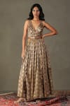 Buy_RI.Ritu Kumar_Brown 100% Silk Embellished Sequin V-neck Rudraksh Bodice Jumpsuit _at_Aza_Fashions