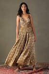 RI.Ritu Kumar_Brown 100% Silk Embellished Sequin V-neck Rudraksh Bodice Jumpsuit _Online_at_Aza_Fashions