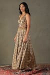 RI.Ritu Kumar_Brown 100% Silk Embellished Sequin V-neck Rudraksh Bodice Jumpsuit _at_Aza_Fashions