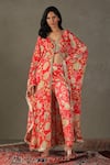 Buy_RI.Ritu Kumar_Red Cape 100% Silk Printed Floral V Neck Janet Pant Set _at_Aza_Fashions