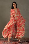 RI.Ritu Kumar_Red Cape 100% Silk Printed Floral V Neck Janet Pant Set _Online_at_Aza_Fashions