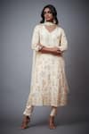 Buy_RI.Ritu Kumar_Ivory Kurta 100% Silk Printed Tropical V Neck Embroidered Set_at_Aza_Fashions