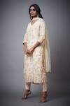 RI.Ritu Kumar_Ivory Kurta 100% Silk Printed Tropical V Neck Embroidered Set_Online_at_Aza_Fashions