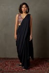 Buy_RI.Ritu Kumar_Black Skirt 100% Viscose Embroidery Thread Plunge V Adenia Blouse Draped Set _at_Aza_Fashions