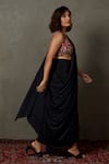 Buy_RI.Ritu Kumar_Black Skirt 100% Viscose Embroidery Thread Plunge V Adenia Blouse Draped Set _Online_at_Aza_Fashions