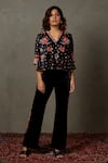 Buy_RI.Ritu Kumar_Black 100% Viscose Embroidered Flower V Neck Wild Top With Pant _at_Aza_Fashions