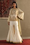 Buy_RI.Ritu Kumar_White Top- 100% Silk Embroidered Round Darpan And Sharara Set _at_Aza_Fashions