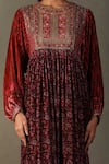 RI.Ritu Kumar_Maroon Shell Fabric - 100% Silk Print Zergul Embroidered Bodice Dress _at_Aza_Fashions