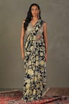 Buy_RI.Ritu Kumar_Black Saree - 100% Silk Print Floral V Neck Janet With Blouse _at_Aza_Fashions