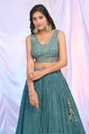 Aariyana Couture_Blue Blouse Silk Hand Embroidered Sequins Blunt V Neck Work Pleated Lehenga Set _Online