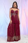 Buy_Alaya Advani_Maroon Peplum And Palazzo Faux Georgette Hand Embroidered Work Pleated Top Set _at_Aza_Fashions