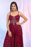 Shop_Alaya Advani_Maroon Peplum And Palazzo Faux Georgette Hand Embroidered Work Pleated Top Set 