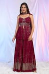 Shop_Alaya Advani_Maroon Peplum And Palazzo Faux Georgette Hand Embroidered Work Pleated Top Set _Online