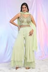 Buy_Alaya Advani_Green Blouse Silk Hand Embroidered Floral Strappy V Neck Draped Palazzo Set _at_Aza_Fashions