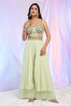 Alaya Advani_Green Blouse Silk Hand Embroidered Floral Strappy V Neck Draped Palazzo Set _Online_at_Aza_Fashions