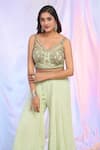 Alaya Advani_Green Blouse Silk Hand Embroidered Floral Strappy V Neck Draped Palazzo Set _Online