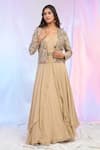 Buy_Alaya Advani_Gold Georgette Hand Embroidered Floral V Neck Draped Gown With Jacket _at_Aza_Fashions