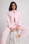 Shop_Dawn And Dusk_Pink Scuba Plain High Neck Sleek Zip Through Jacket Cargo Pant Set  _Online_at_Aza_Fashions