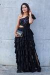 Buy_Deepika Arora_Black Polyester Applique, Cut Work One Shoulder Cascade Ruffle Dress_at_Aza_Fashions
