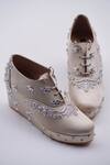 Shop_Shradha Hedau Footwear Couture_Gold Mirrorwork Amelia Embroidered Floral Sneaker Wedges _at_Aza_Fashions