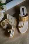 Buy_Shradha Hedau Footwear Couture_Gold Mirrorwork Evara Bead Embroidered Strap Wedges _at_Aza_Fashions