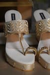 Shop_Shradha Hedau Footwear Couture_Gold Mirrorwork Evara Bead Embroidered Strap Wedges _at_Aza_Fashions