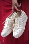 Shop_Shradha Hedau Footwear Couture_Gold Sequin Zara Floral Vine Embroidered Sneaker Wedges _at_Aza_Fashions