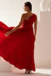 Shop_Wear JaJa_Red Modal Solid One Shoulder Pleated Bodice Dress  _Online_at_Aza_Fashions