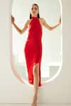 Shop_Wear JaJa_Red Modal Solid Halter Neck Dress _Online_at_Aza_Fashions
