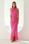 Buy_Wear JaJa_Pink Modal Solid Halter Neck Side Slit Dress  _at_Aza_Fashions