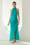 Buy_Wear JaJa_Blue Modal Solid Halter Neck Side Slit Draped Dress  _at_Aza_Fashions