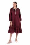 Buy_KHAT_Maroon Chanderi Silk Textured Smocking Geometric Smocked Yoke Dress _at_Aza_Fashions