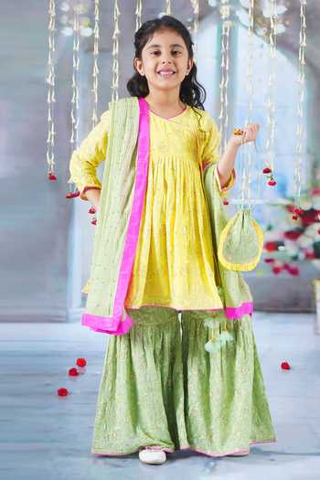 Buy_Little Bansi_Yellow Cotton, Georgette Embroidery, Sequins, Tassels Floral Angrakha Kurta Set _at_Aza_Fashions