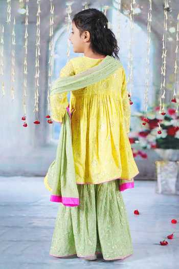 Shop_Little Bansi_Yellow Cotton, Georgette Embroidery, Sequins, Tassels Floral Angrakha Kurta Set _at_Aza_Fashions