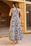 Shop_ASRUMO_Blue Cotton Hand Block Printed Floral Notched Anarkali With Kalidar Pant _at_Aza_Fashions