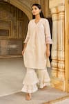 Buy_ASRUMO_Off White Shell And Lining Cotton Embroidered Floral Schiffly Leaf Kurta Set _Online_at_Aza_Fashions