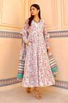 ASRUMO_White Chanderi Hand Block Printed Floral Sweetheart Neck Anarkali Set _at_Aza_Fashions