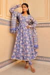 Buy_ASRUMO_Blue Chanderi Hand Block Printed Dandelion Sweetheart Neck Bloom Anarkali Set _at_Aza_Fashions