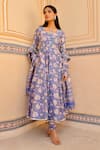 Shop_ASRUMO_Blue Chanderi Hand Block Printed Dandelion Sweetheart Neck Bloom Anarkali Set _Online_at_Aza_Fashions