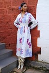 Jodi_White Poplin Printed Abstract Floral Shirt Dress With Belt  _Online_at_Aza_Fashions