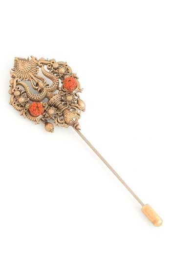 Shop_Cosa Nostraa_Gold Stones, Beads Trishul Carved Lapel Pin With Rudraksh _Online_at_Aza_Fashions