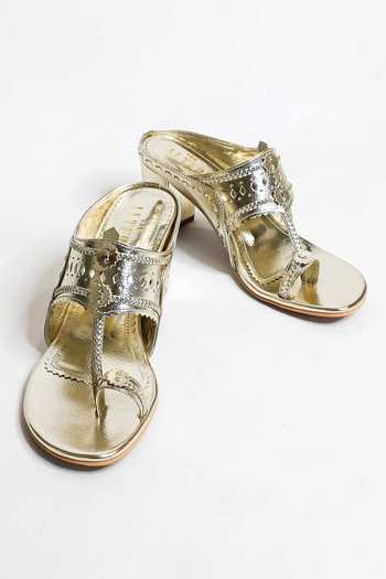 Buy_The Alter_Gold Cut Work Design Kolhapuri Block Heels _at_Aza_Fashions